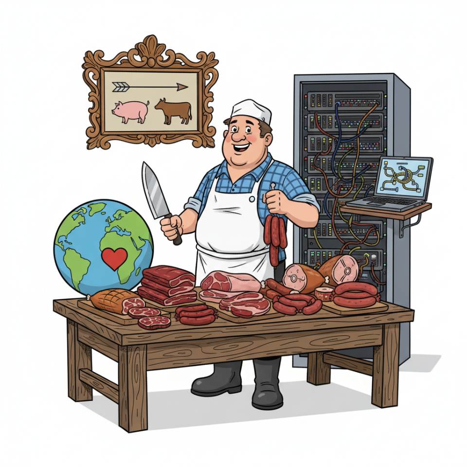 Comic-Darstellung eines Metzgers mit Schürze, Messer und Wurstwaren hinter der Theke einer Metzgerei