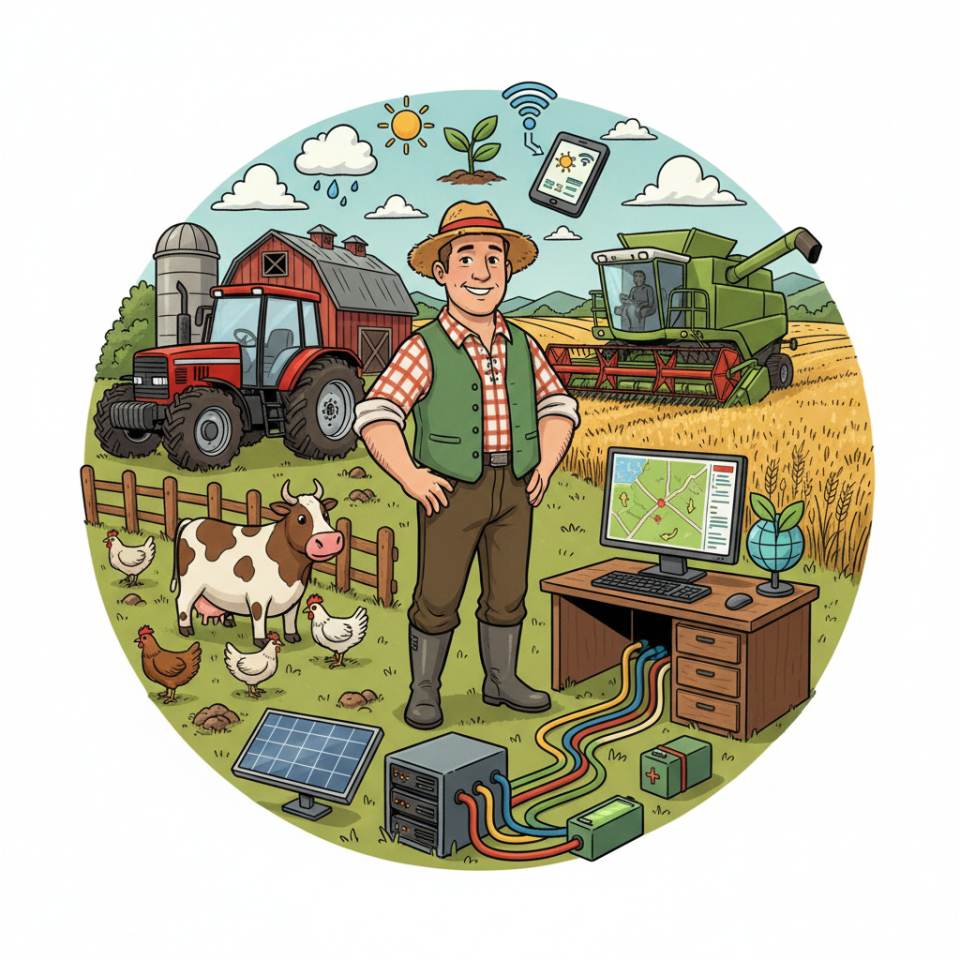 Comic illustration of a farmer with a tractor and a grain field