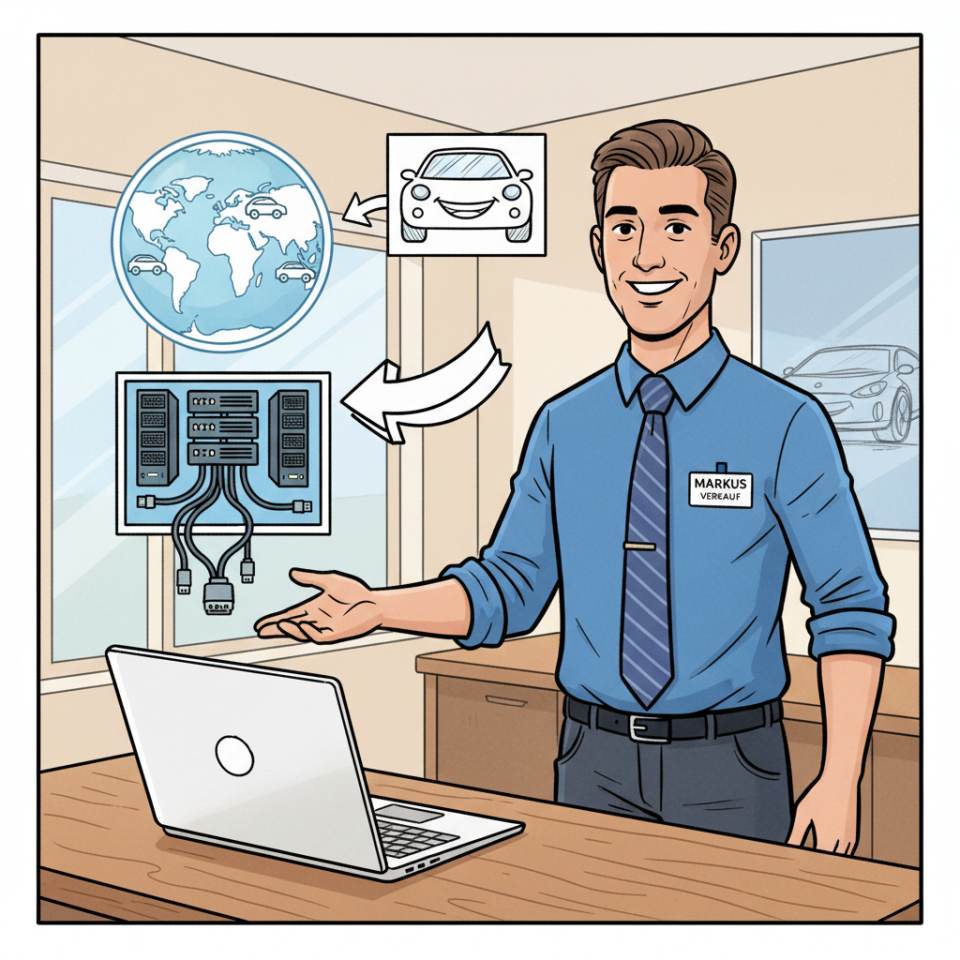 Комічна ілюстрація автомобільного продавця-консультанта в шоурумі автосалону з консультацією клієнта та ключами від авто